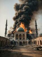 Mosque destroyed by missile attack, AI generated. photo