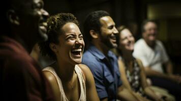 Participantes disfrutando la risa terapia experimentando emocional renovación mediante compartido humor foto