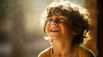 Portrait of a child with curly hair in the rain on a sunny day. Happy child on the background of splashing water. AI Generated photo