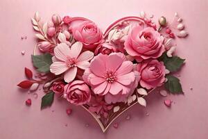 pink background with heart and roses, place for text photo