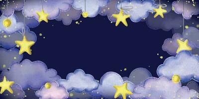 Blank with stars and clouds against the background of the blue night sky. Hand drawn watercolor illustration. Space for the design of certificates, invitations, congratulations, registration. vector