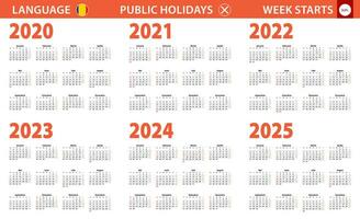 2020-2025 year calendar in Romanian language, week starts from Sunday. vector