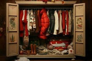 Open wardrobe with winter clothes. Generate ai photo