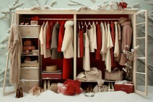 Open beige wardrobe with fashion winter clothes. Generate ai photo