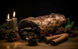 Yule log roll dessert slice berry. Generate Ai photo