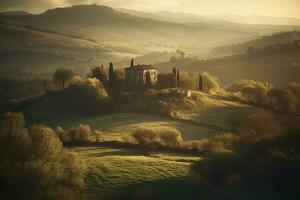 Tuscany landscape in sunset, created with generative AI photo
