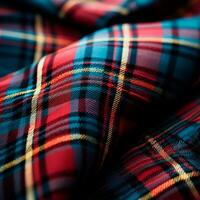 textura de arrugado, estropeado tartán tela de cerca, tradicional escocés ropa - ai generado imagen foto