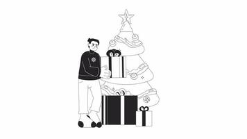 Hispanic man picking gift near Xmas tree bw 2D character animation. Christmas morning outline cartoon 4K video, alpha channel. Sweater guy latin american animated person isolated on white background video