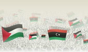 Palestine and Libya flags in a crowd of cheering people. vector