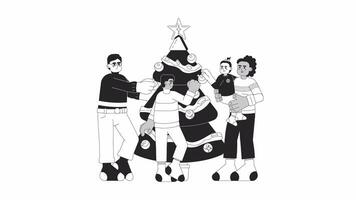 Diverse family Christmas tree decorating bw cartoon animation. Interracial family holiday 4K video motion graphic. Hanging baubles 2D monochrome line animated characters isolated on white background