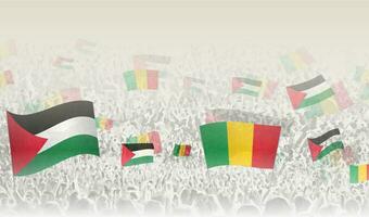 Palestine and Mali flags in a crowd of cheering people. vector
