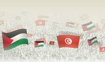 Palestine and Tunisia flags in a crowd of cheering people. vector