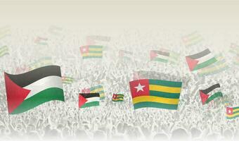 Palestine and Togo flags in a crowd of cheering people. vector