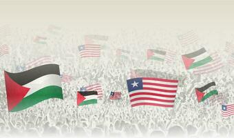 Palestine and Liberia flags in a crowd of cheering people. vector