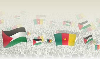 Palestine and Cameroon flags in a crowd of cheering people. vector