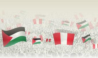 Palestine and Peru flags in a crowd of cheering people. vector