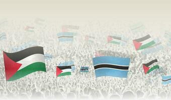 Palestine and Botswana flags in a crowd of cheering people. vector