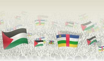 Palestine and Central African Republic flags in a crowd of cheering people. vector