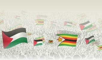 Palestine and Zimbabwe flags in a crowd of cheering people. vector