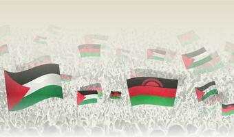 Palestine and Malawi flags in a crowd of cheering people. vector