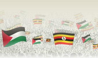 Palestine and Uganda flags in a crowd of cheering people. vector