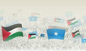 Palestine and Somalia flags in a crowd of cheering people. vector