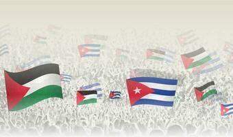 Palestine and Cuba flags in a crowd of cheering people. vector