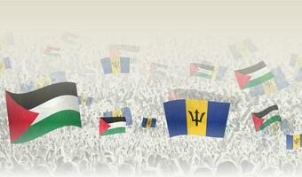 Palestine and Barbados flags in a crowd of cheering people. vector