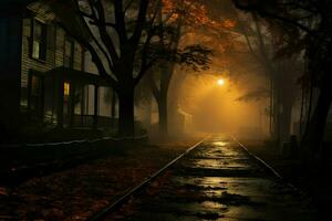 Halloween dark fog on street. Generate ai photo