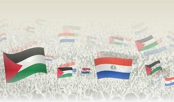 Palestine and Paraguay flags in a crowd of cheering people. vector