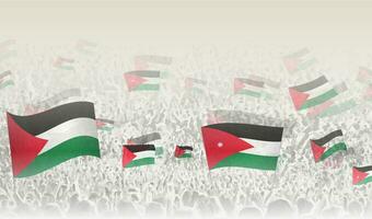 Palestine and Jordan flags in a crowd of cheering people. vector