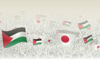 Palestine and Japan flags in a crowd of cheering people. vector