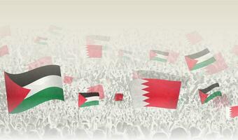 Palestine and Bahrain flags in a crowd of cheering people. vector