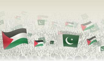 Palestine and Pakistan flags in a crowd of cheering people. vector