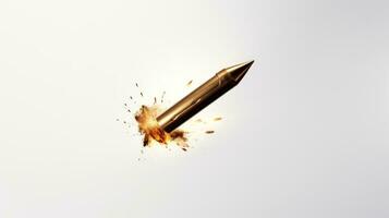 Bullet in slow motion, leaving a trail of fire, smoke and debris behind it. Exploding projectile. A rifle round in mid-flight. On white background. Flying bullet Close up. AI generated photo