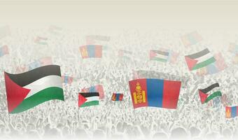 Palestine and Mongolia flags in a crowd of cheering people. vector