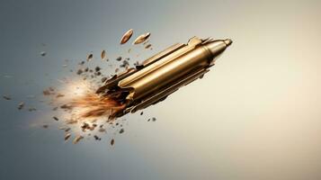 Bullet in slow motion, leaving a trail of fire, smoke and debris behind it. Exploding projectile. A rifle round in mid-flight. On light background. Flying bullet Close up. AI generated photo