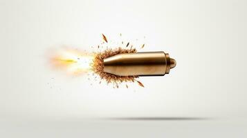 Bullet in slow motion, leaving trail of fire, smoke and debris behind it. Exploding projectile. A rifle round in mid-flight. On light background. Flying bullet Close up. AI generated photo