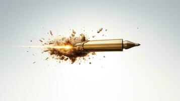 Bullet in slow motion, leaving a trail of fire, smoke and debris behind it. Exploding projectile. Rifle round in mid-flight. On light background. Flying bullet Close up. AI generated photo