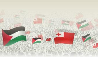 Palestine and Tonga flags in a crowd of cheering people. vector