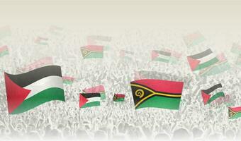Palestine and Vanuatu flags in a crowd of cheering people. vector