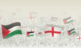 Palestine and England flags in a crowd of cheering people. vector