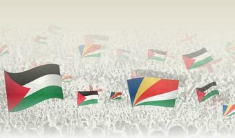 Palestine and Seychelles flags in a crowd of cheering people. vector