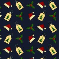 Festive seamless pattern with Christmas elements on dark blue background. New year abstract wrapping. Flat vector illustration.