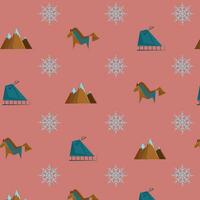 Christmas multicolored pattern of holiday elements on a pink background. Seamless pattern for holiday packaging. Flat vector illustration.