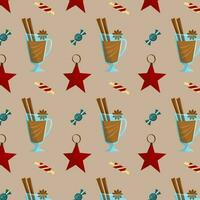 Festive pastel seamless pattern with Christmas elements. New Year abstract multicolored packaging. Flat vector illustration.