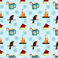 Festive seamless pattern with Christmas elements on blue background. New Year brightly colored package. Flat vector illustration.