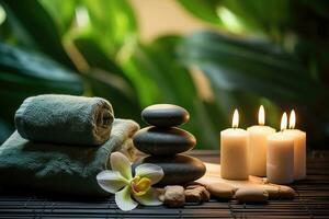 spa todavía vida con zen piedras, velas y orquídea flor, spa concepto con eucalipto petróleo y eucalipto hoja extraer natural orgánico spa productos cosméticos productos, ai generado foto