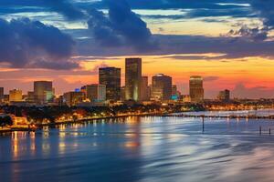 Boston Skyline at sunset, Boston, Massachusetts, United States, Skyline of New Orleans with Mississippi River at Dusk, AI Generated photo