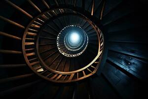 Spiral staircase with blue light in the dark. 3d rendering, Spiral staircase in dark, AI Generated photo